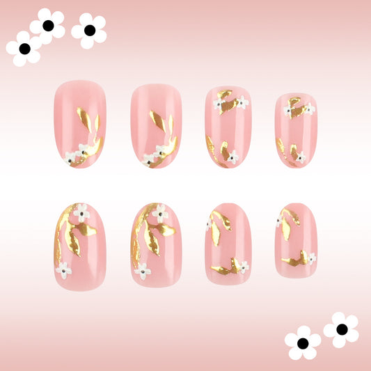 Blossom Bliss Medium Oval Pink Press On Nail Set with Gold Floral Accents