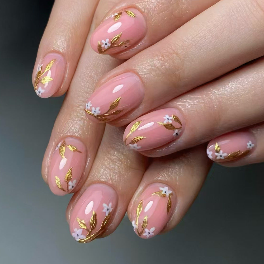 Ethereal Garden Medium Oval Pink Floral Press On Nail Set with Gold Leaf Accents