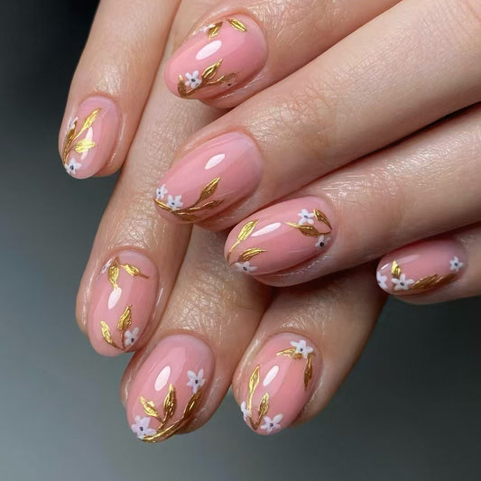 Ethereal Garden Medium Oval Pink Floral Press On Nail Set with Gold Leaf Accents