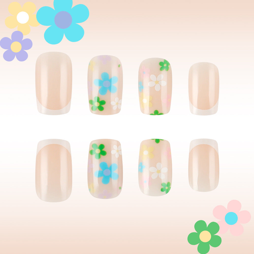 Floral Bliss Press On Nails Medium Square Shaped Soft Pink with Colorful Flower Accents