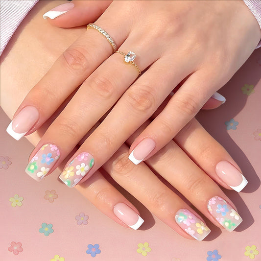 Spring Blossom Magic Long Square Pastel Floral Design Nail Press Set