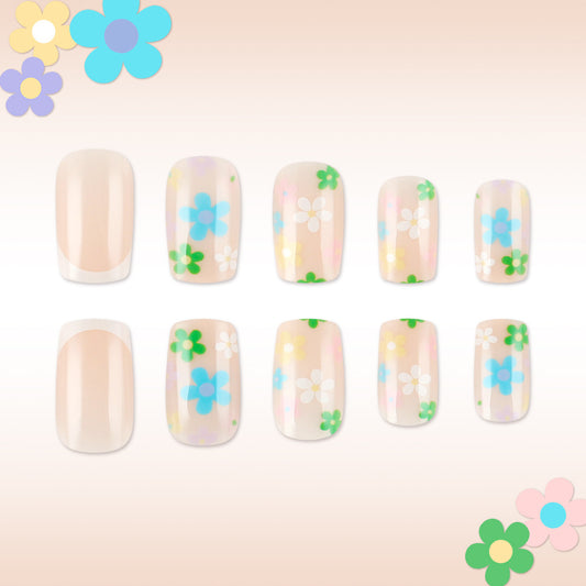 Garden Blossom Elegant Short Square Pastel Floral Print Press On Nail Set