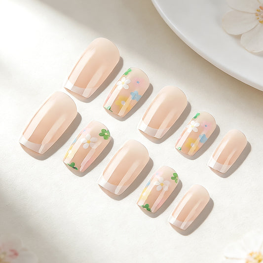 Garden Bloom Elegant Short Square Press-On Nails in Soft Pink with Floral Accents