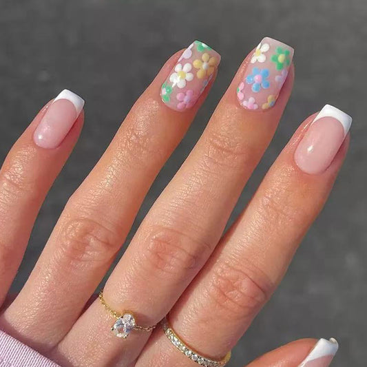 Spring Blossom Chic Medium Square Pastel Floral Press On Nail Set