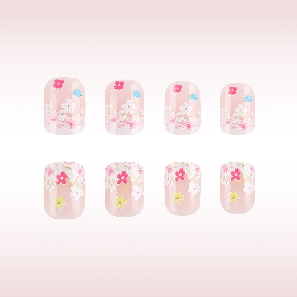 Blossom Delight Short Square Pink Floral Press On Nail Set with Intricate Flower Designs