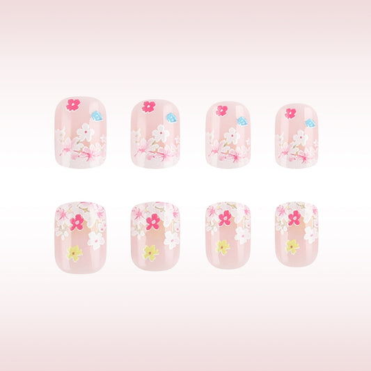 Blossom Delight Short Square Pink Floral Press On Nail Set with Intricate Flower Designs