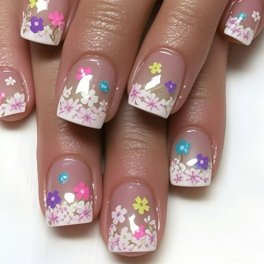 Garden Bloom Short Square Pastel Floral Press On Nail Set with Colorful Stickers