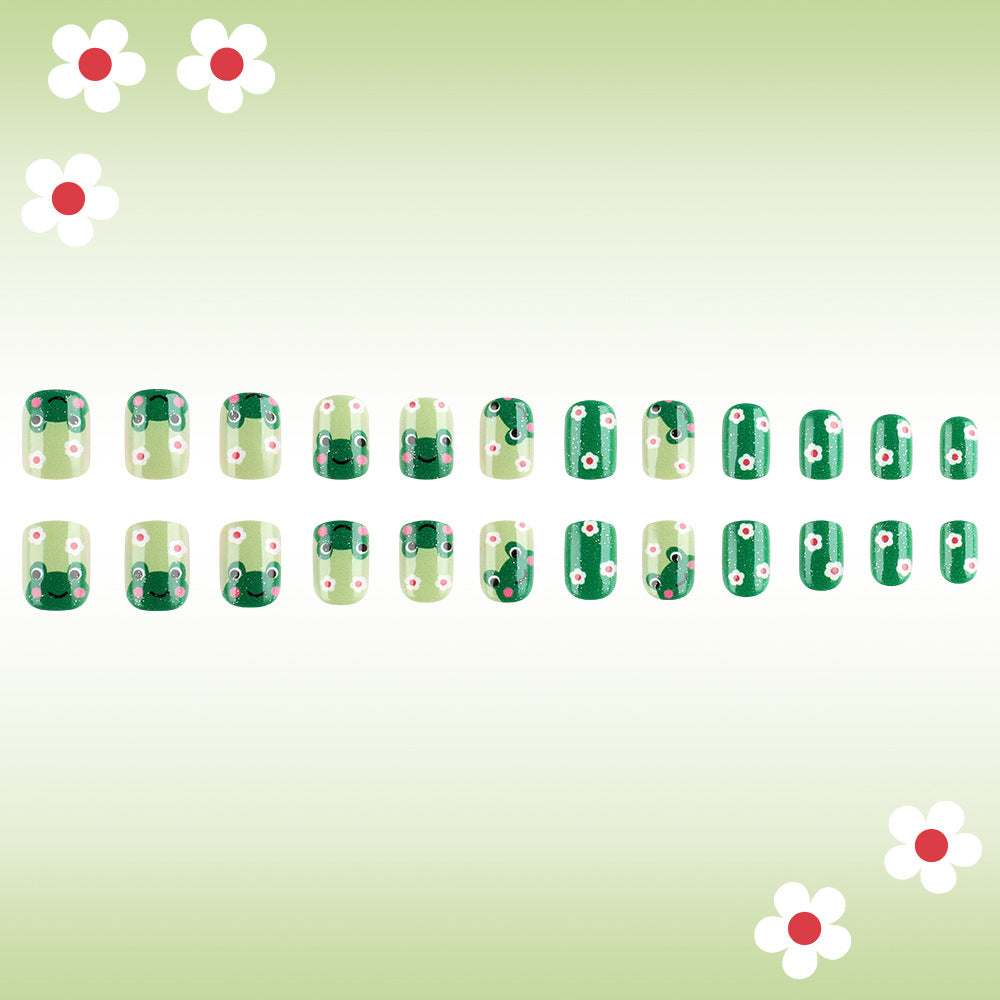 Springtime Serenity Short Squoval Green Floral Froggy Press-On Nail Set