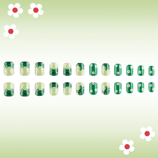 Springtime Serenity Short Squoval Green Floral Froggy Press-On Nail Set