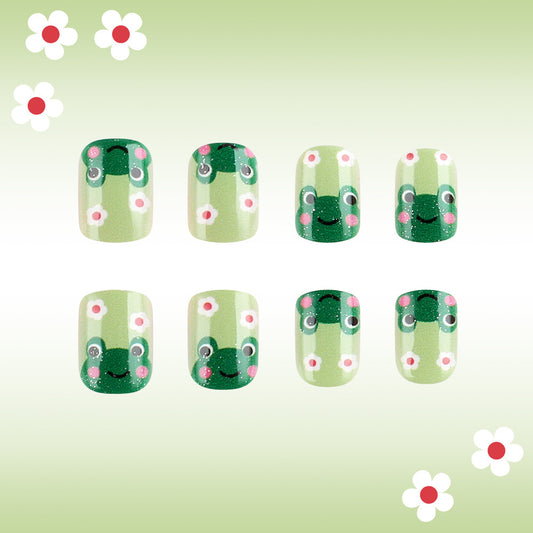 Whimsical Garden Dream Short Squoval Green Floral Press On Nail Set with Charming Frog Design