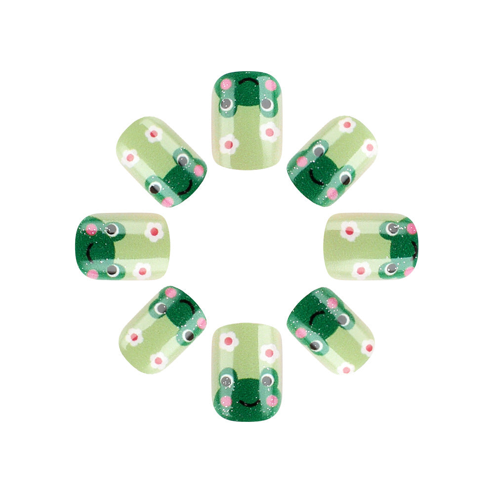 Frog Oasis Medium Short Squoval Green Press On Nail Set with Floral Accents