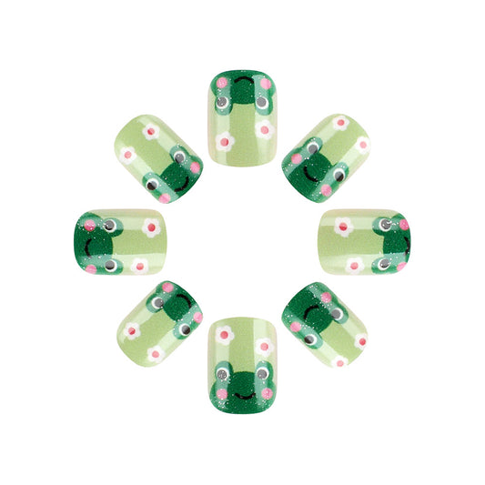 Frog Oasis Medium Short Squoval Green Press On Nail Set with Floral Accents