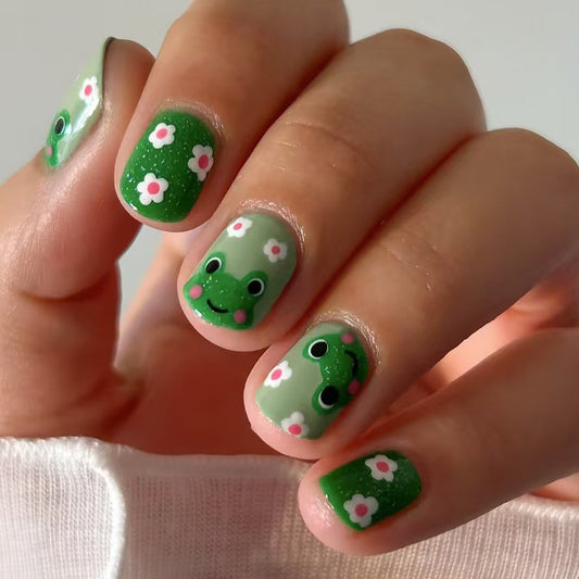 Frog Princess Delight Green Short Squoval Short Press On Nail Set with Cute Flower Accents