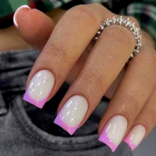 Delicate Blossom Dreamy Medium Square Press On Nails in Soft White with Chic Pink Tips and Glossy Finish