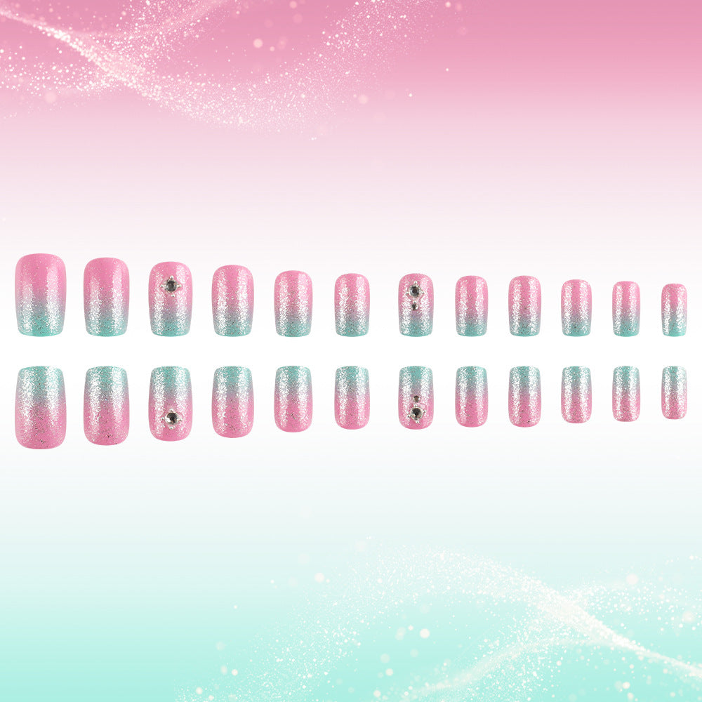 Dreamy Ombre Glossy Medium Square Press On Nails in Pink and Aqua with Sparkling Gemstone Accent