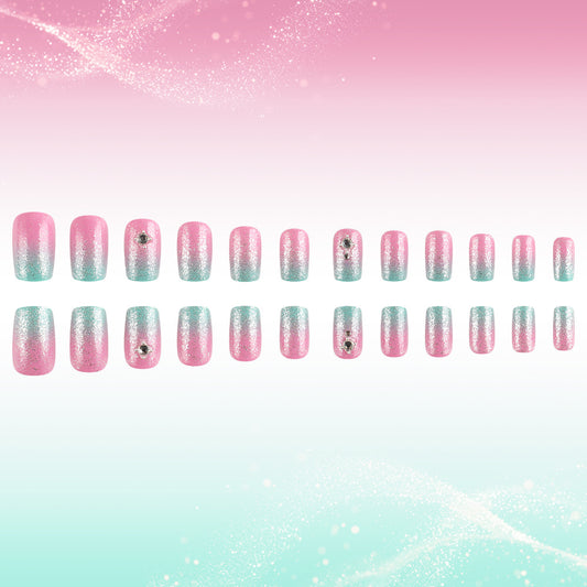 Dreamy Ombre Glossy Medium Square Press On Nails in Pink and Aqua with Sparkling Gemstone Accent