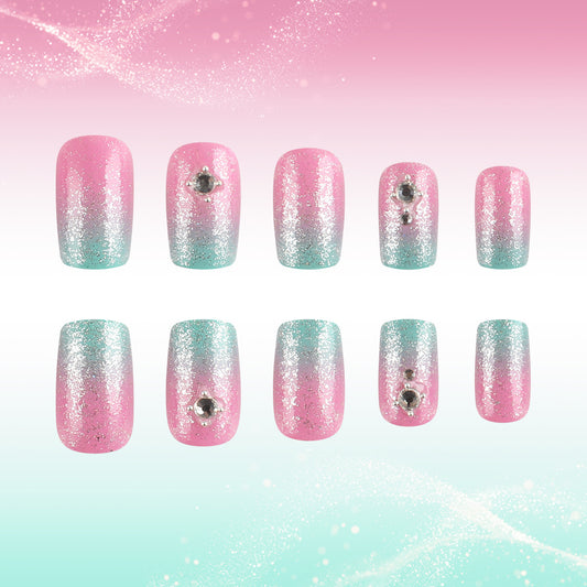 Dreamy Ombre Press-On Nail Set in Medium Square Pink and Aqua with Glitter and Gem Accents