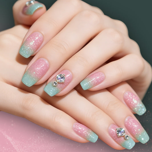 Enchanting Ombre Medium Square Nails in Sparkling Pink and Mint with Dazzling Gem Accents