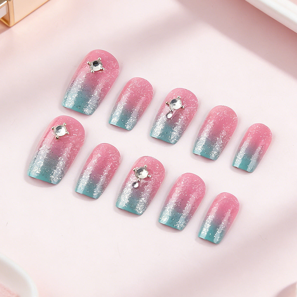 Dreamy Ocean Breeze Medium Square Pink and Aqua Ombre Press-On Nail Set with Sparkling Gem Accents
