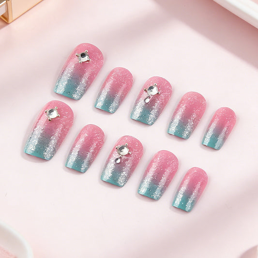 Dreamy Ocean Breeze Medium Square Pink and Aqua Ombre Press-On Nail Set with Sparkling Gem Accents