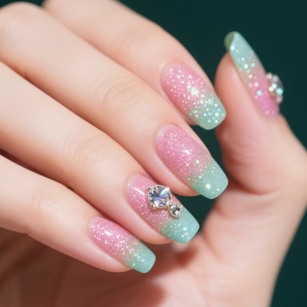 Enchanting Fairytale Medium Square Gradient Pink and Mint Glitter Nails with Gemstone Accents