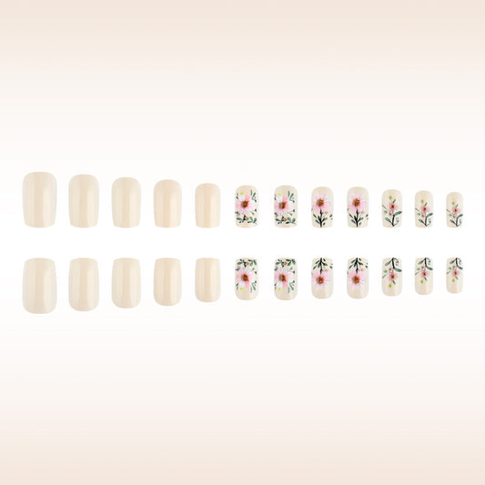 Floral Elegance Medium Square Beige Press On Nail Set with Charming Hand-Painted Blossom Design