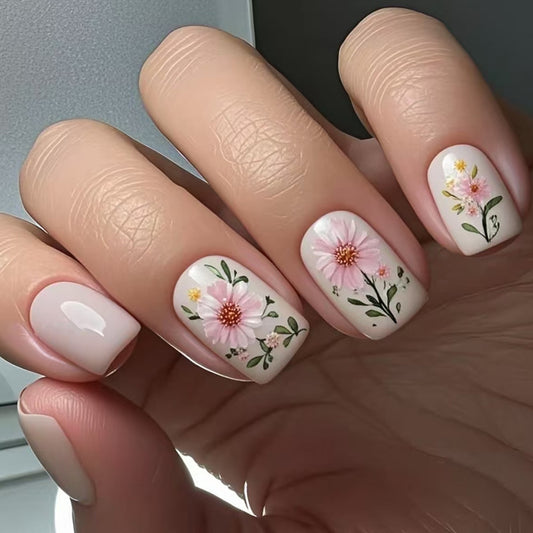 Botanical Bliss Medium Square Pink Floral Press On Nail Set with Elegant Design