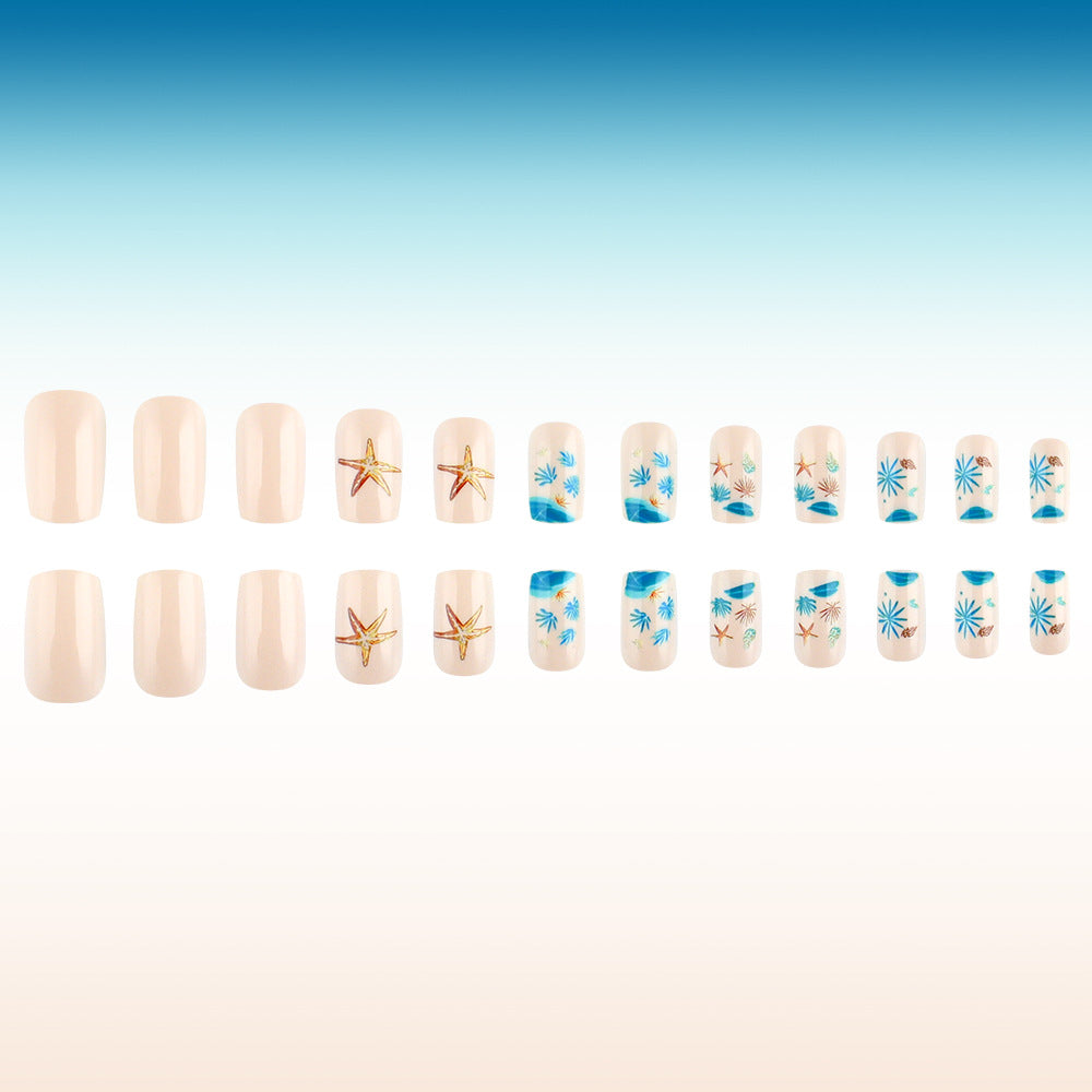 Coastal Charm Medium Square Beige with Starfish and Floral Patterns Press-On Nail Set