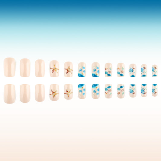 Coastal Charm Medium Square Beige with Starfish and Floral Patterns Press-On Nail Set