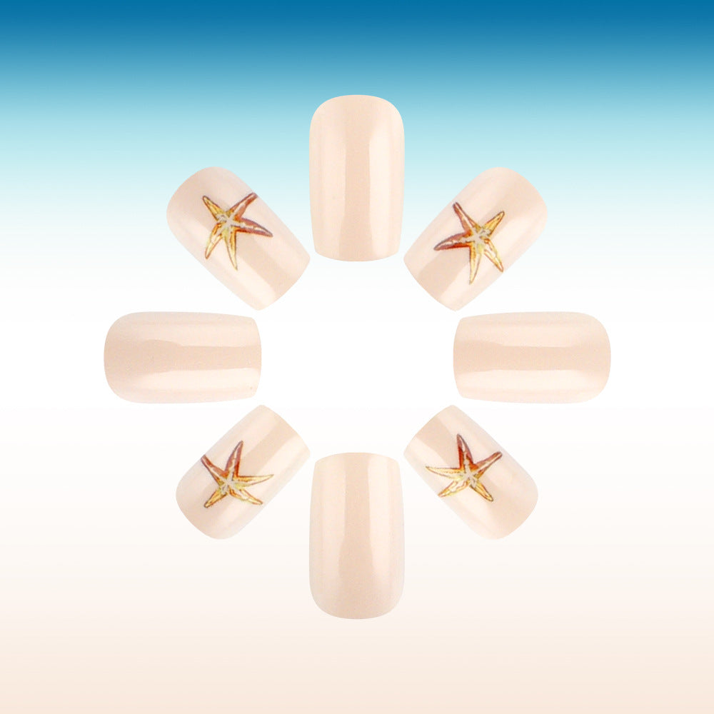 Coastal Charm Medium Square Cream Press On Nail Set with Starfish Accent