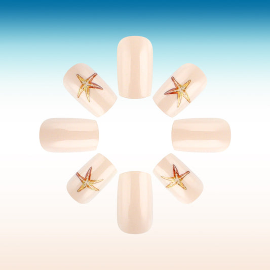 Coastal Charm Medium Square Cream Press On Nail Set with Starfish Accent