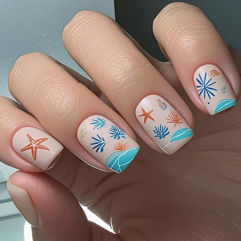 Ocean Bliss Short Square Beige Press On Nail Set with Vibrant Tropical Designs