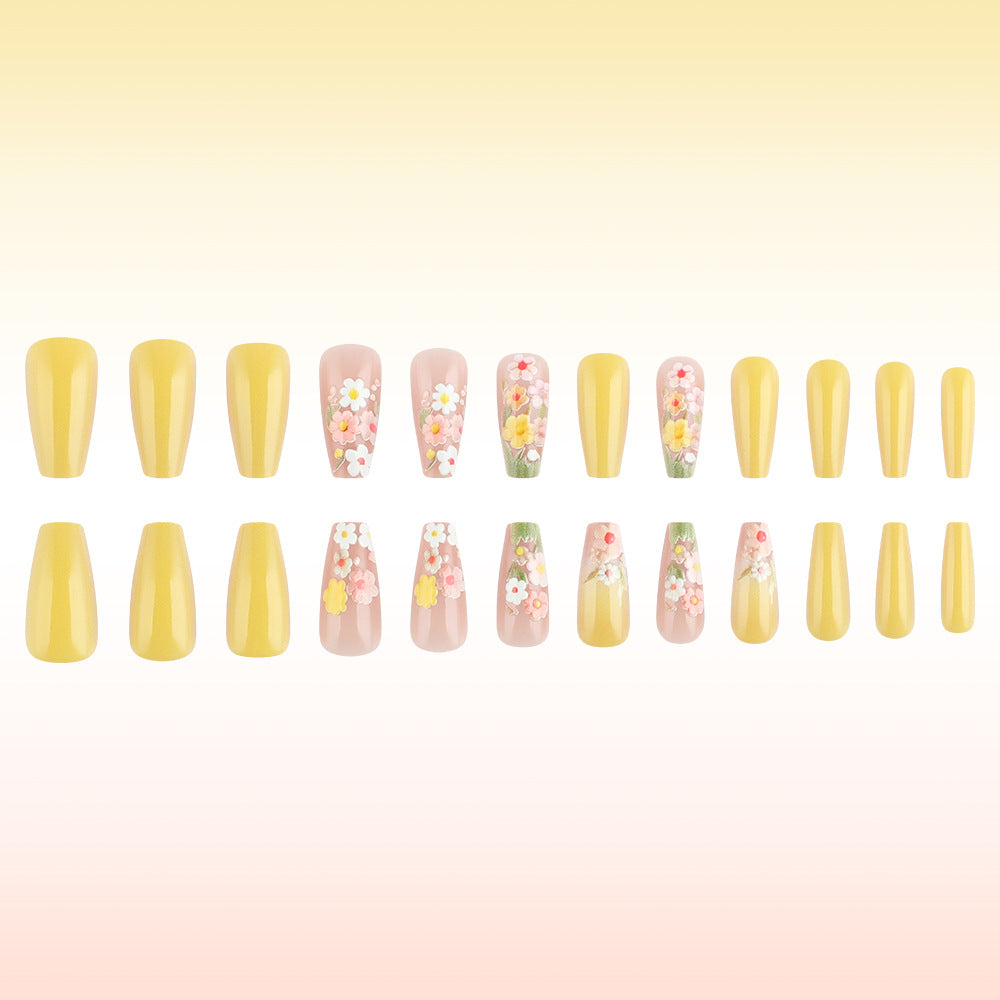 Sunny Garden Blossom Press On Nail Set Tall Medium Coffin Yellow and Pink Floral Design