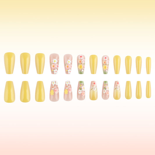 Sunny Garden Blossom Press On Nail Set Tall Medium Coffin Yellow and Pink Floral Design