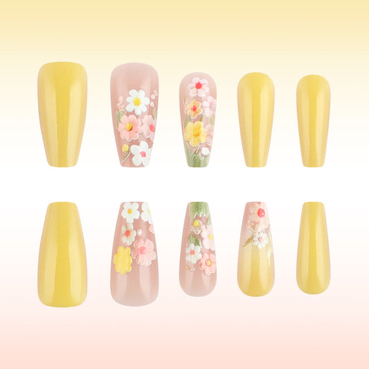 Floral Sunshine Glossy Press On Nail Set Medium Coffin Shape Bright Yellow and Pink with Elegant Flower Designs