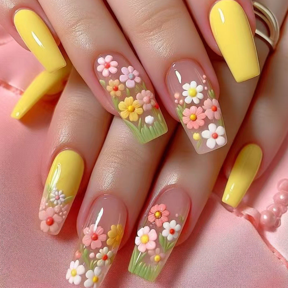 Floral Fantasy Long Square Yellow Color with Embellished Floral Design Press On Nail Set
