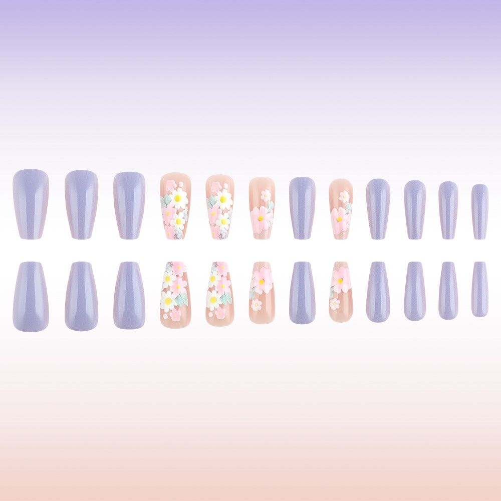 Floral Dream Press On Nail Set Medium Coffin Lilac and Soft Peach with Charming Flower Accents
