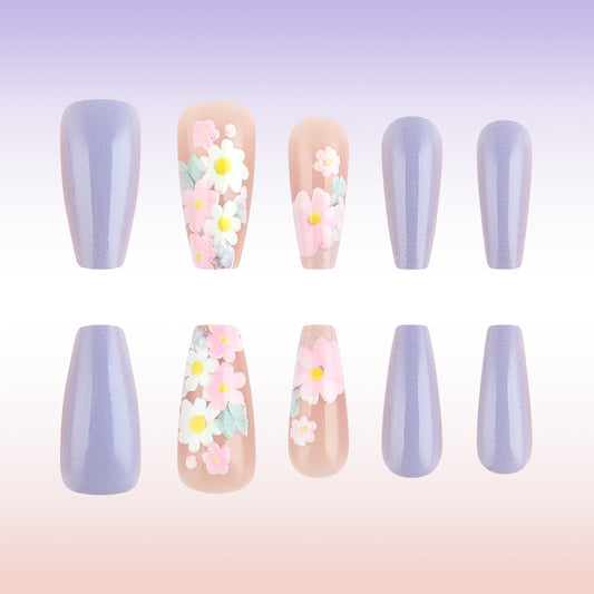 Enchanted Garden Medium Coffin Purple Sparkle with Floral Design Press-on Nail Set