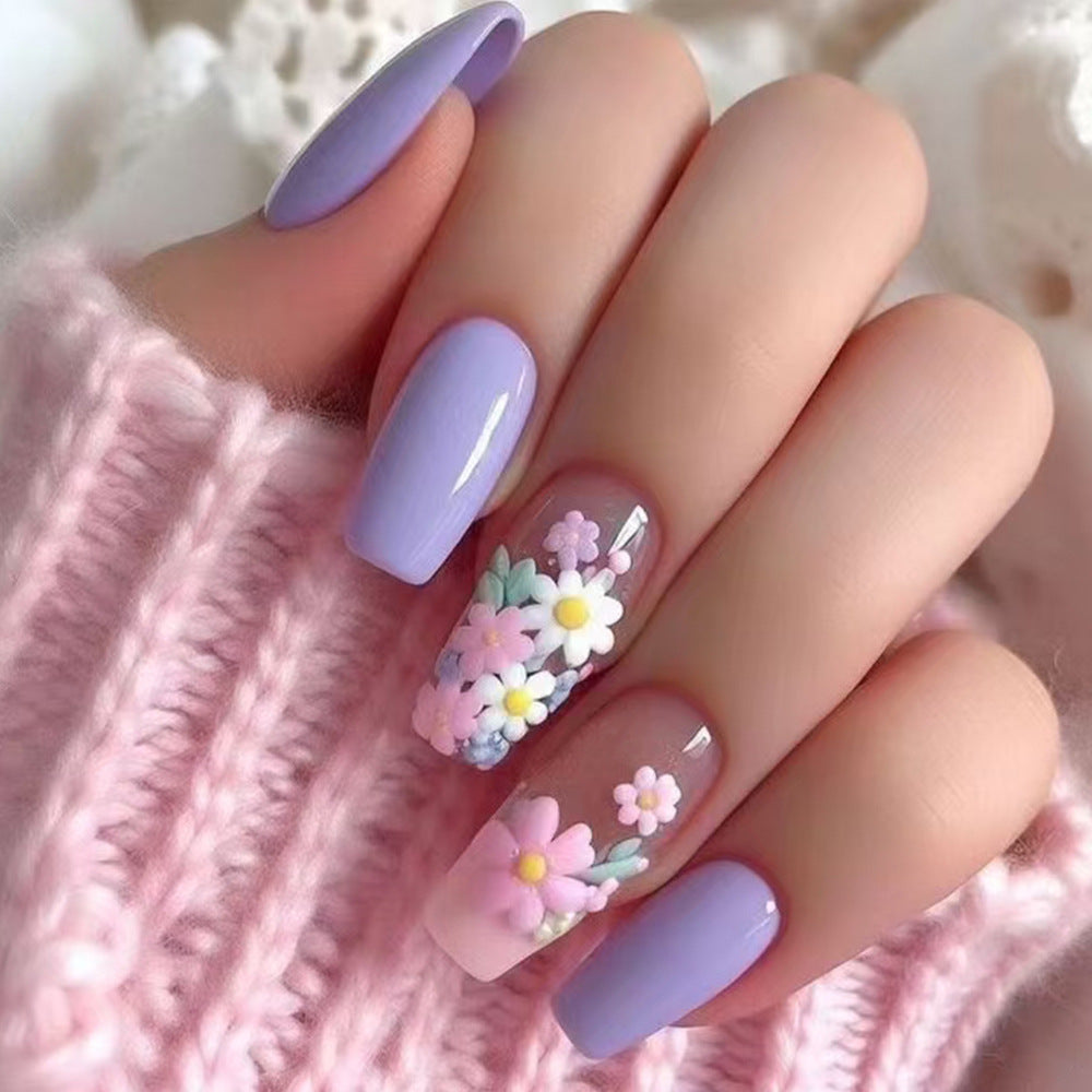 Dreamy Floral Oasis Medium Coffin Lavender Press On Nail Set with Exquisite Flower Accents