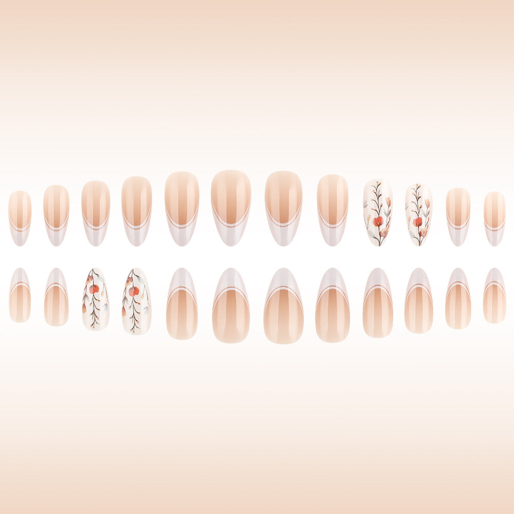 Elegance Unveiled Stunning Long Almond Shape Soft Pink With Artistic Floral Accents Press On Nail Set