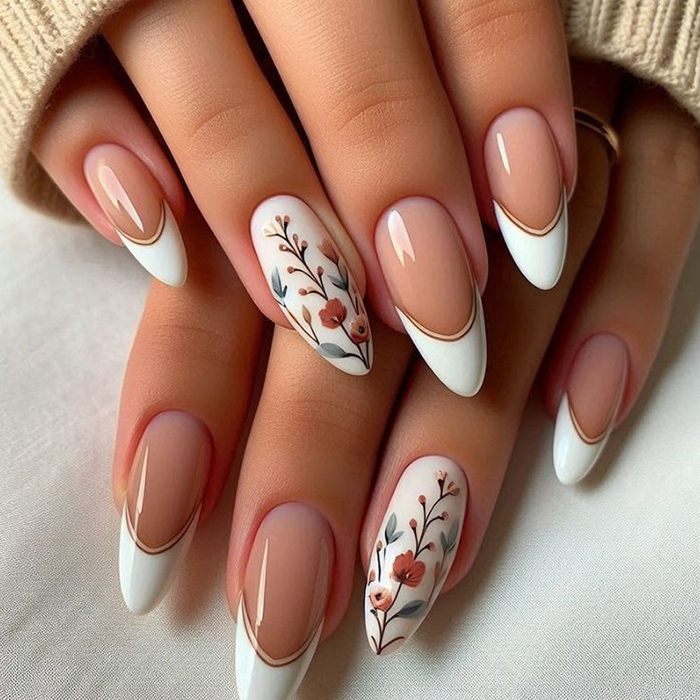 Floral Elegance Long Almond White with Subtle Floral Design Press-On Nail Set