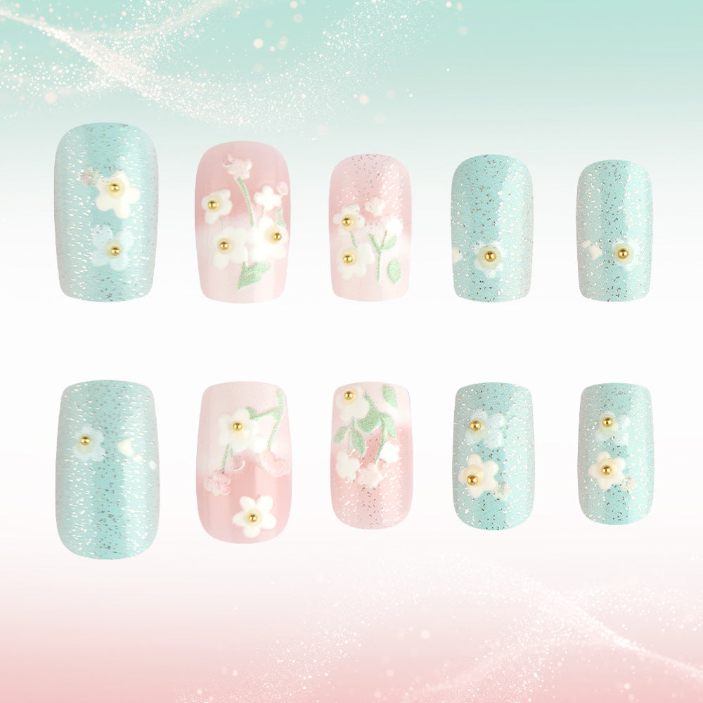 Blooming Spring Vibes Medium Square Aqua and Soft Pink Press on Nail Set with Floral Accents and Sparkling Details