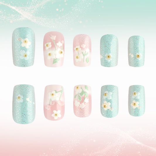 Blooming Spring Vibes Medium Square Aqua and Soft Pink Press on Nail Set with Floral Accents and Sparkling Details