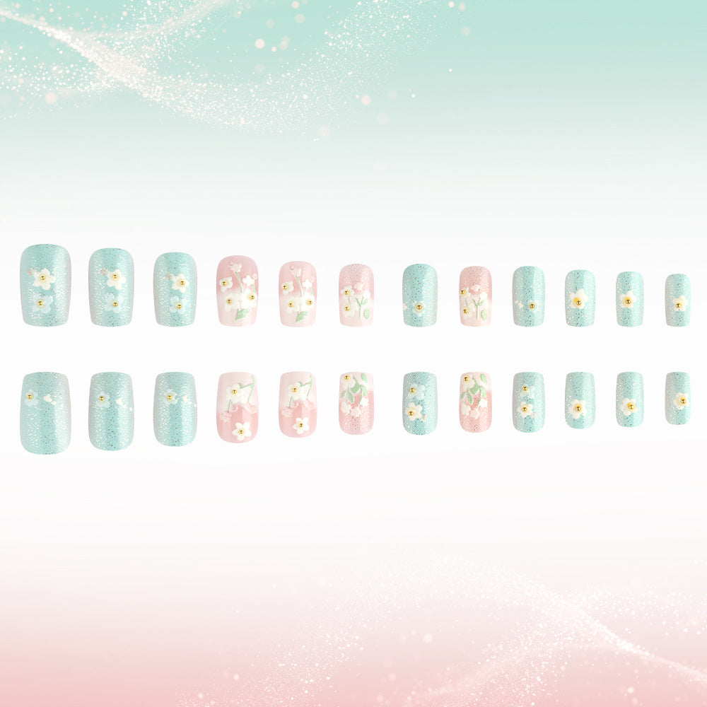Whimsical Floral Dream Medium Square Blue and Pink Press-On Nail Set with Glittery Floral Detail