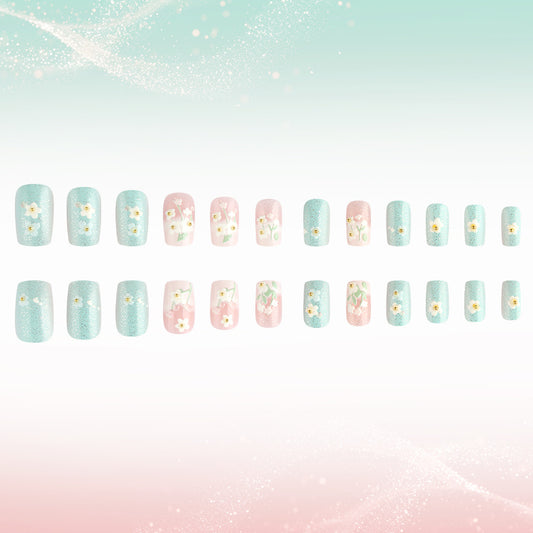 Whimsical Floral Dream Medium Square Blue and Pink Press-On Nail Set with Glittery Floral Detail