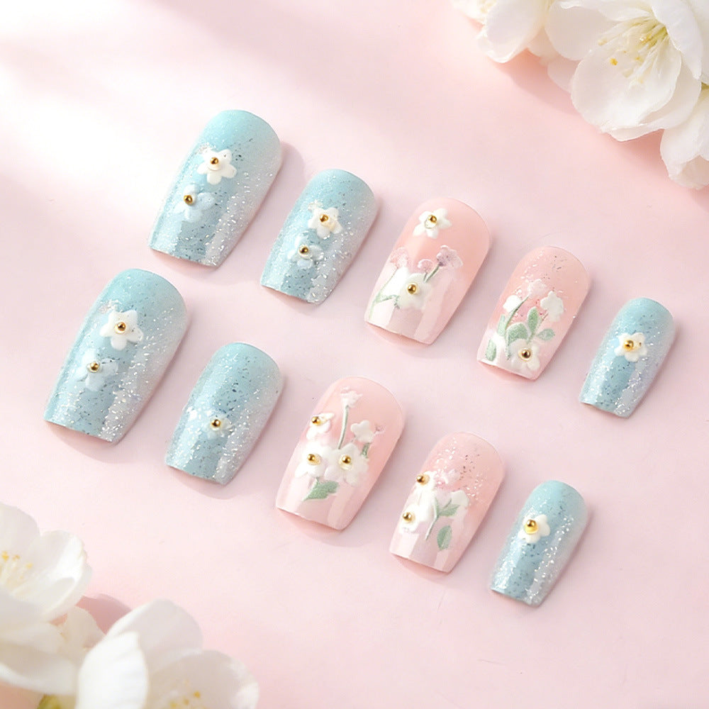 Spring Blossom Collection Long Oval Light Blue and Pink Floral Press On Nail Set with Sparkling Accents