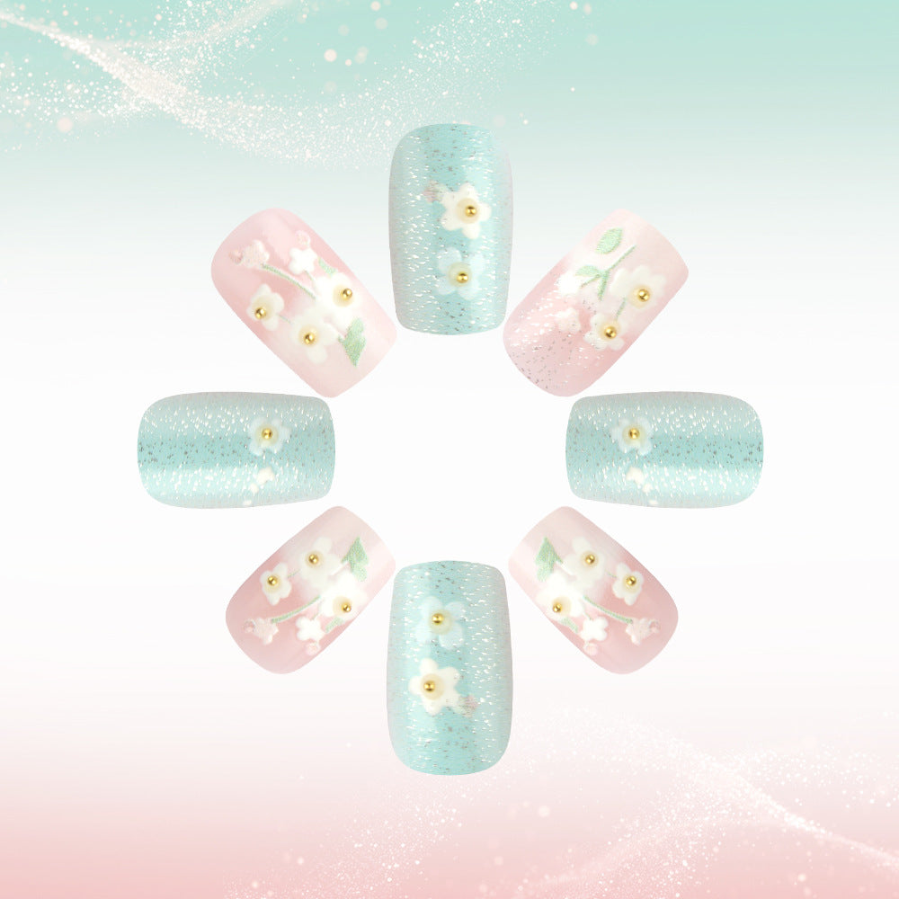 Blossom Serenity Medium Square Pastel Pink and Aqua with Floral Embellishments Press on Nail Set