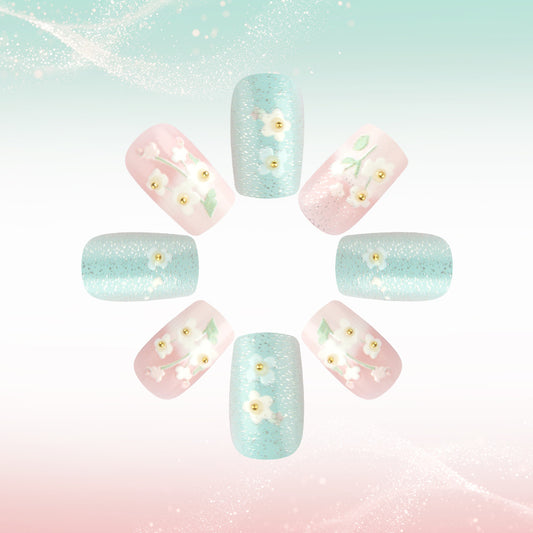 Blossom Serenity Medium Square Pastel Pink and Aqua with Floral Embellishments Press on Nail Set