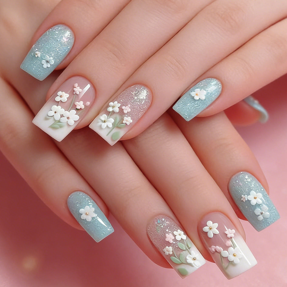 Blossoming Garden Medium Square Press On Nail Set in Pastel Blue with Floral Accents