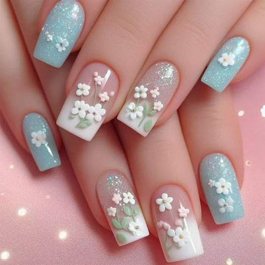 Whimsical Blossom Inspired Medium Square Baby Blue Press On Nail Set with Charming Floral Accents